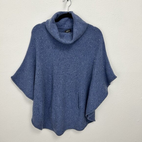 Pure Amici 100% Blue Speckled Poncho Knit Sweater Size M Kangaroo Pocket Stretch - Picture 1 of 8